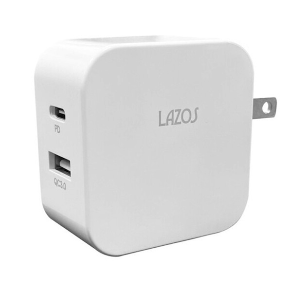 Lazos USB-A + Type-C ポート ２口 AC充電器 L-AC-CA  急速充電 18W iPhone 電源アダプター PD 1年保証 【送料無料】　ホワイト